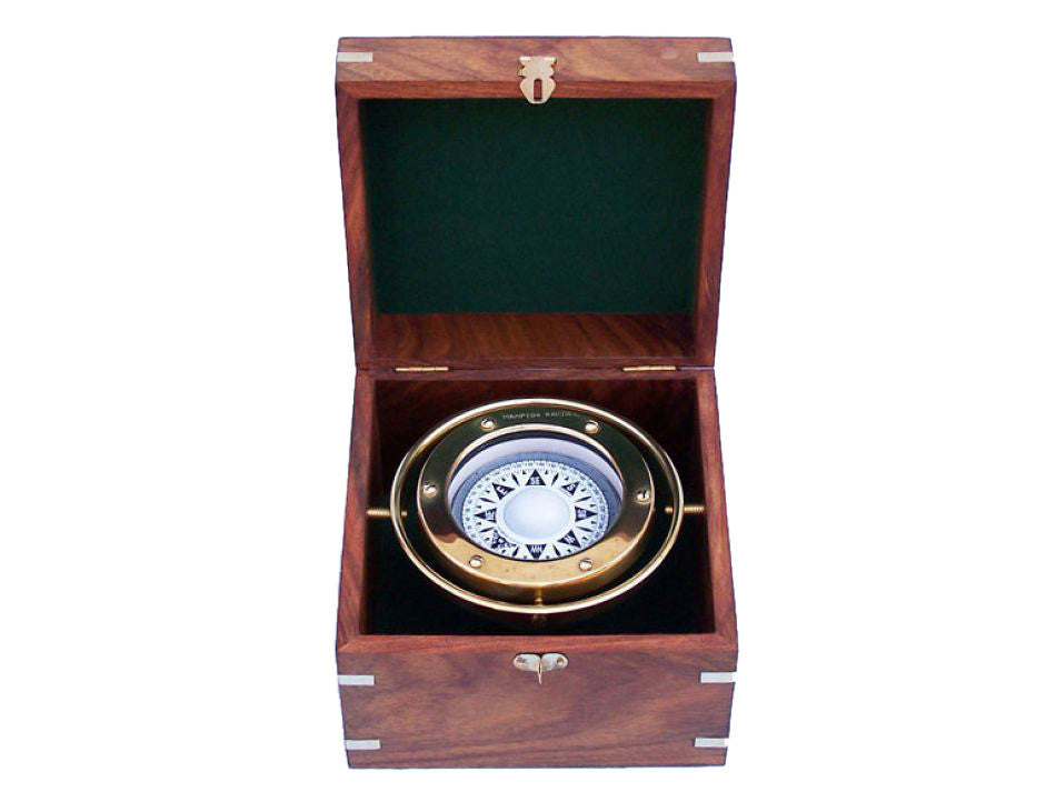 Solid Brass Gimble Compass w/ Rosewood Box 6"
