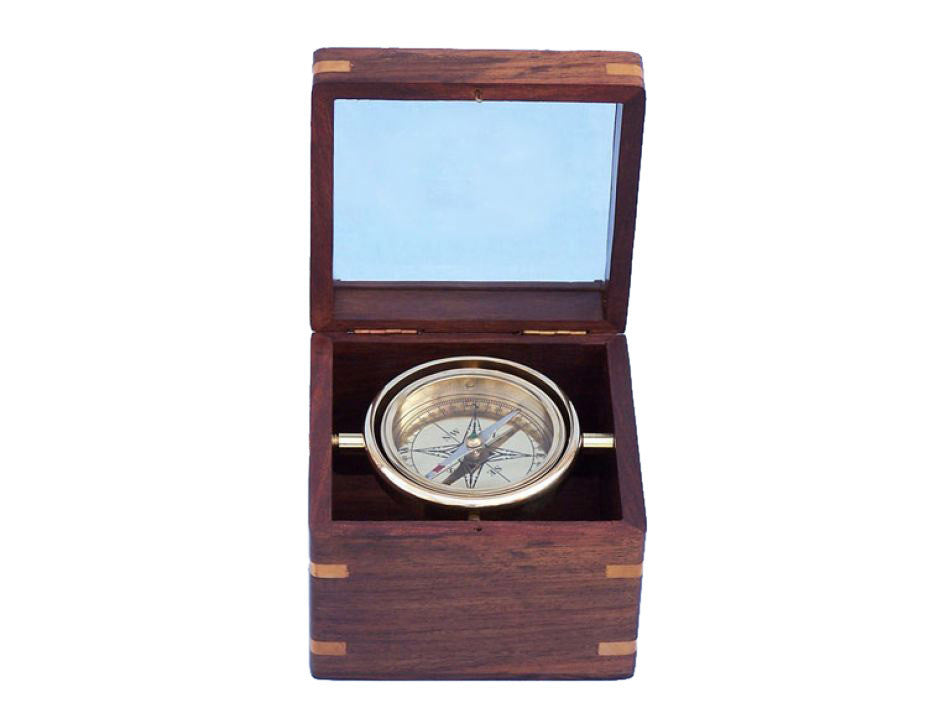 Solid Brass Lifeboat Compass w/ Rosewood Box 5"