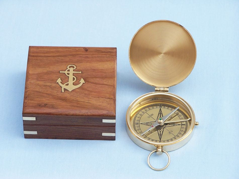 Solid Brass Gentlemen's Compass w/ Rosewood Box 4"