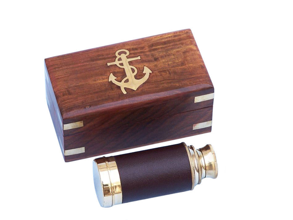 Deluxe Class Scout's Brass - Leather Spyglass Telescope 7" w/ Rosewood Box