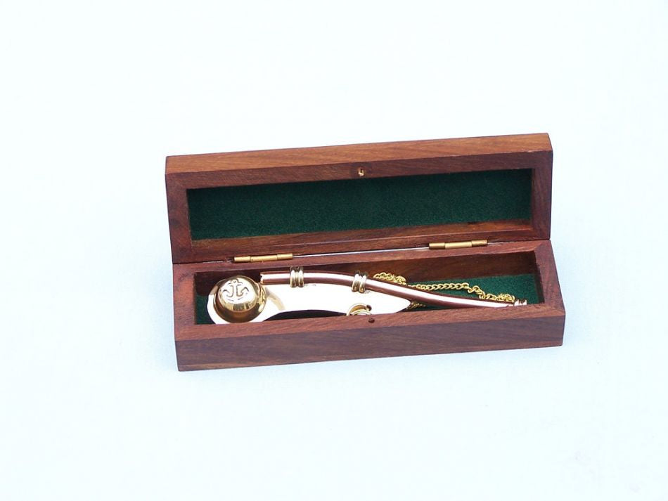 Solid Brass/Copper Boatswain (Bosun) Whistle w Rosewood Box 5"