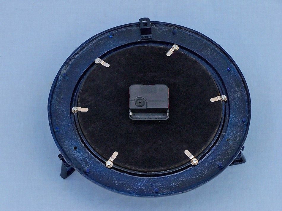 Brass Deluxe Class Porthole Clock 12" - Dark Blue