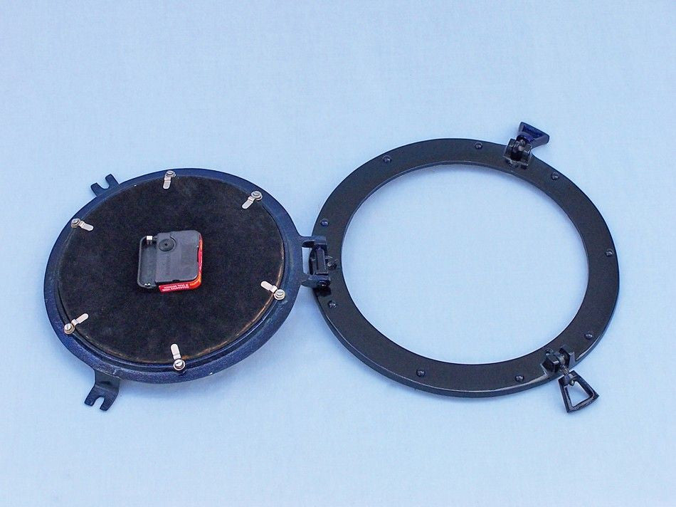 Brass Deluxe Class Porthole Clock 12" - Dark Blue