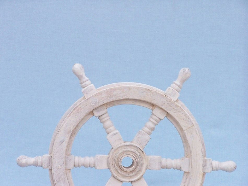 Classic Wooden Whitewashed Decorative Ship Steering Wheel 12"