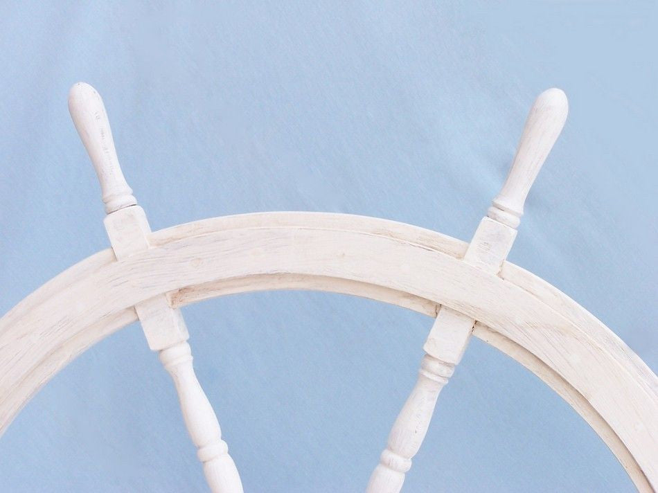 Classic Wooden Whitewashed Decorative Ship Steering Wheel 48"