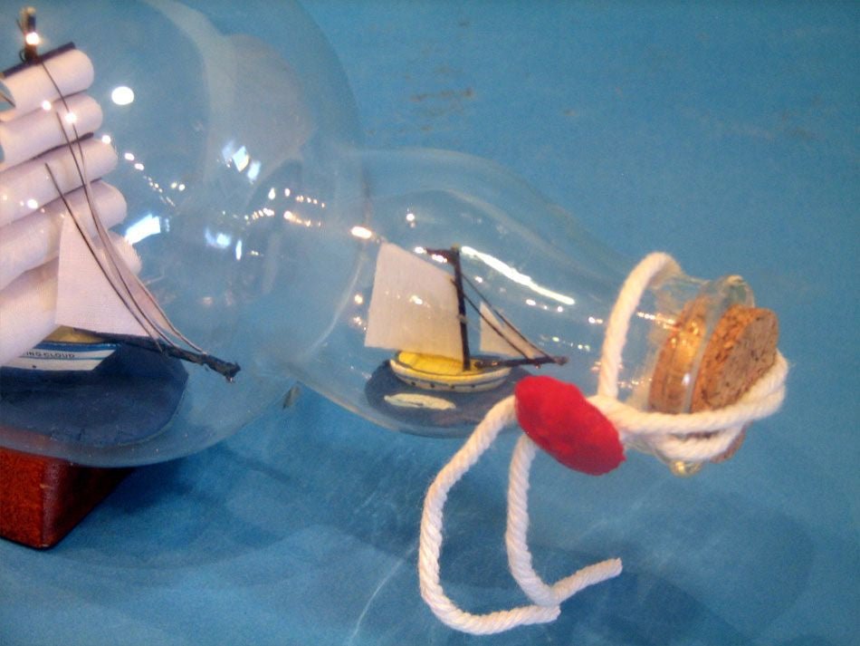 Blue Flying Cloud Ship in a Glass Bottle 11"