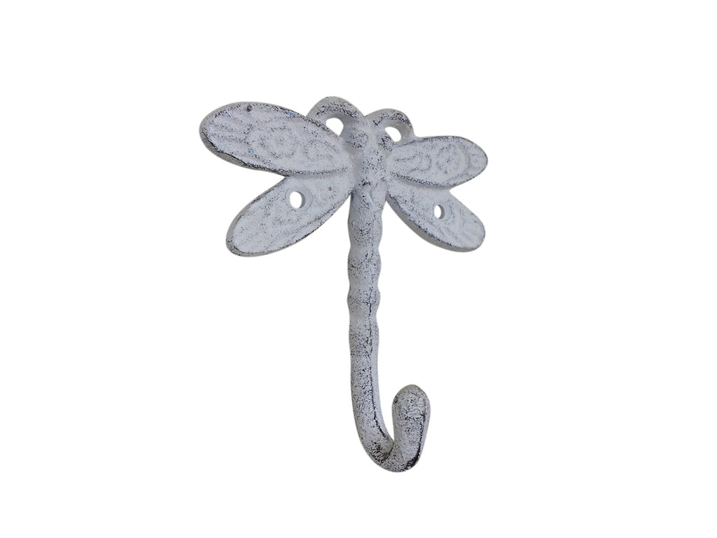 Whitewashed Cast Iron Dragonfly Decorative Metal Wall Hook 5"