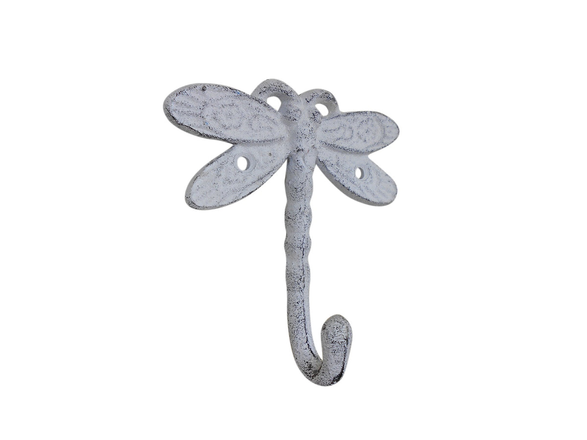 Whitewashed Cast Iron Dragonfly Decorative Metal Wall Hook 5"