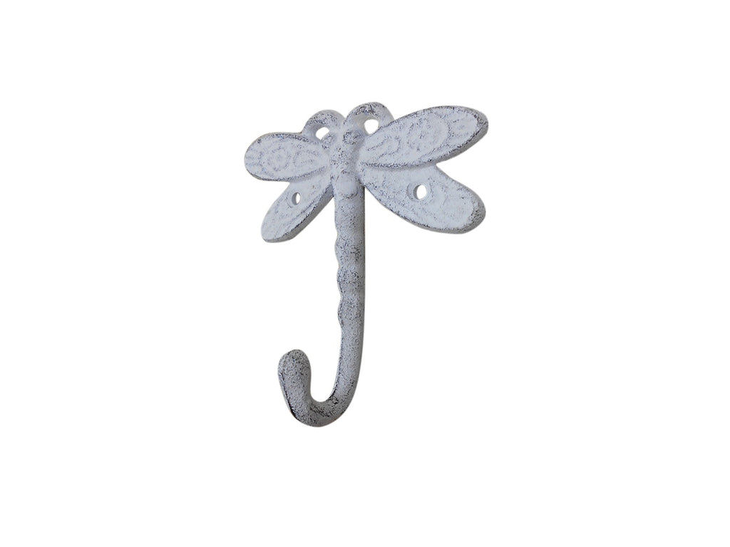 Whitewashed Cast Iron Dragonfly Decorative Metal Wall Hook 5"