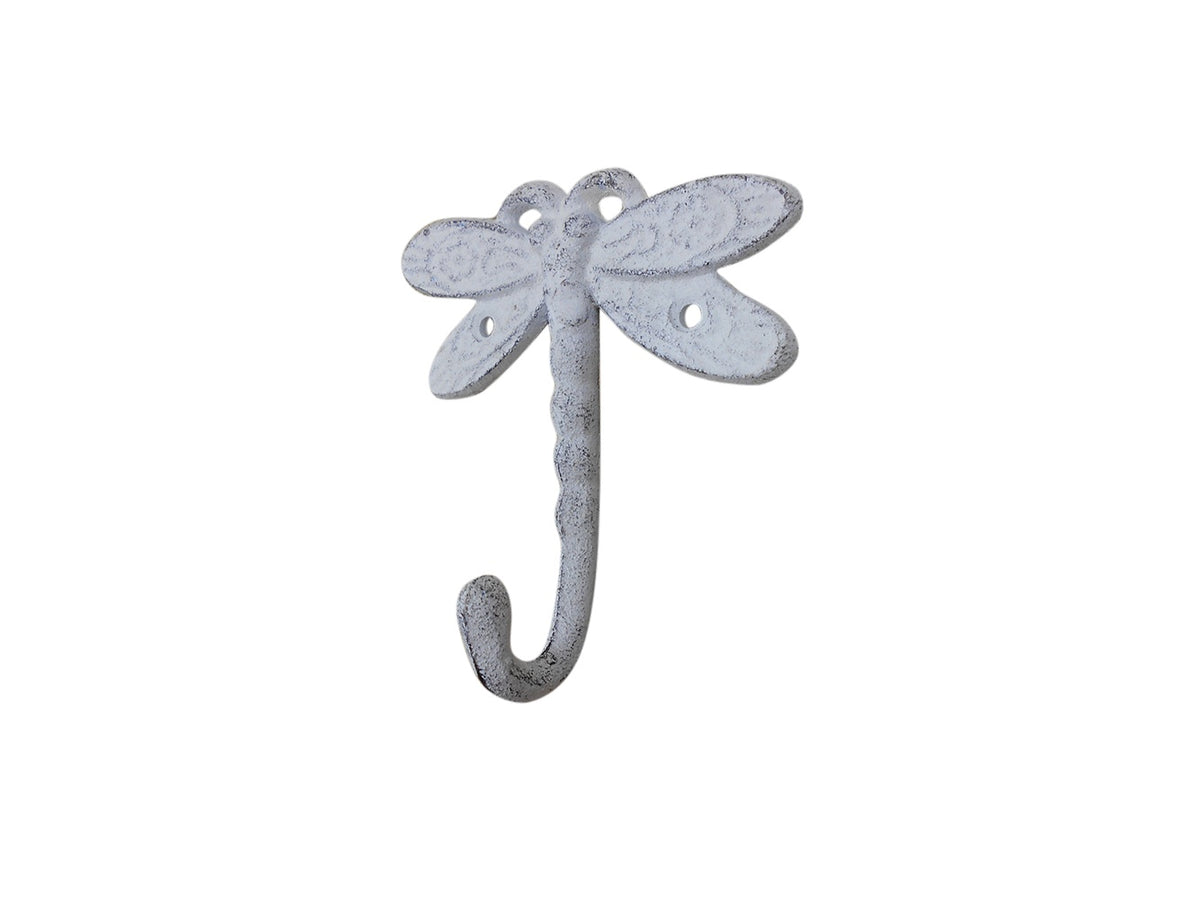 Whitewashed Cast Iron Dragonfly Decorative Metal Wall Hook 5"