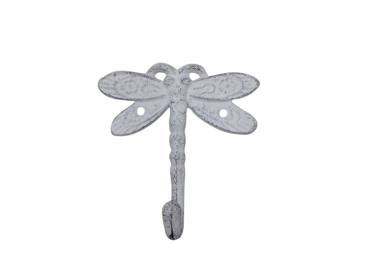 Whitewashed Cast Iron Dragonfly Decorative Metal Wall Hook 5"