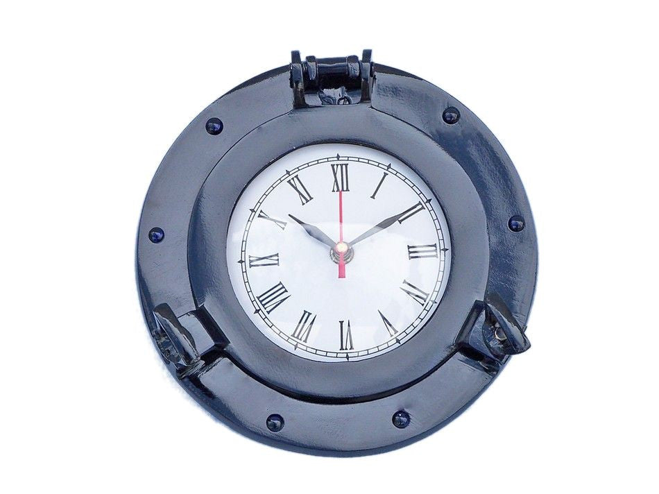 Brass Deluxe Class Porthole Clock 8" - Dark Blue