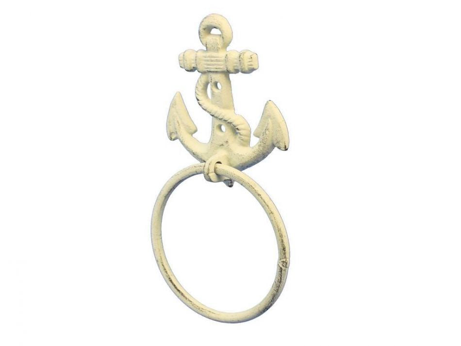 Whitewashed Cast Iron Anchor Towel Holder 8.5"