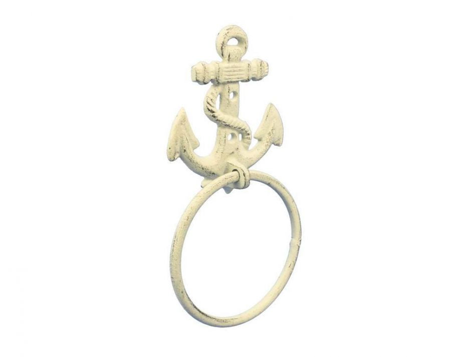 Whitewashed Cast Iron Anchor Towel Holder 8.5"
