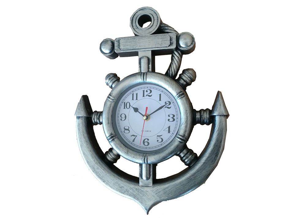 Silver Ship Wheel and Anchor Wall Clock 15"