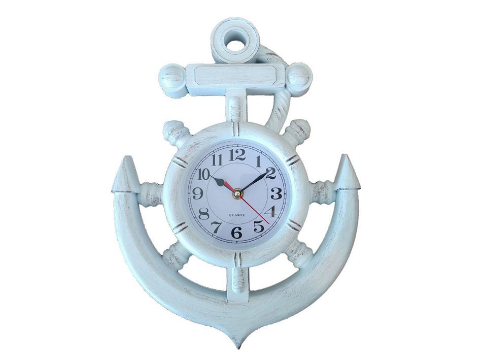 Whitewashed Ship Wheel and Anchor Wall Clock 15"