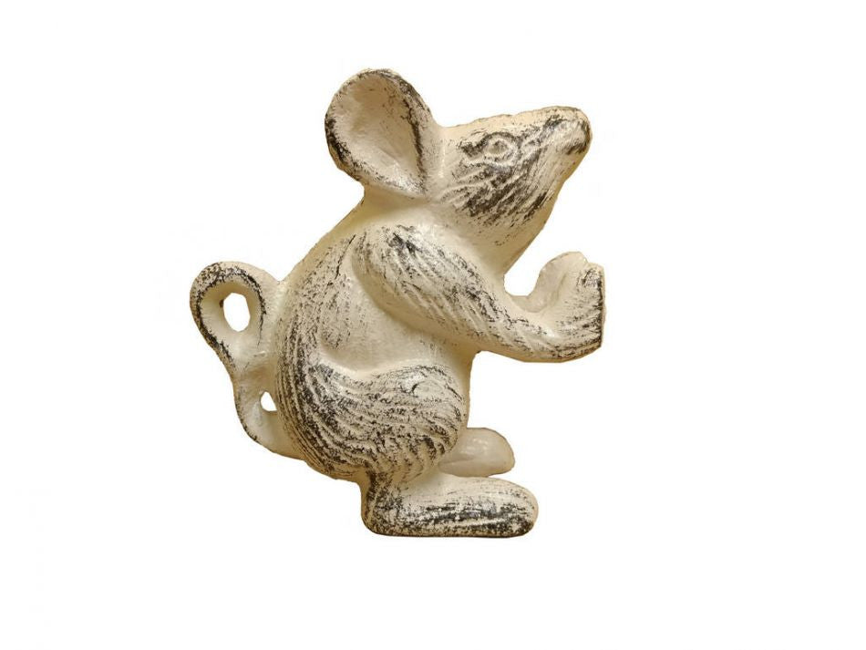 Whitewashed Cast Iron Mouse Door Stopper 5"