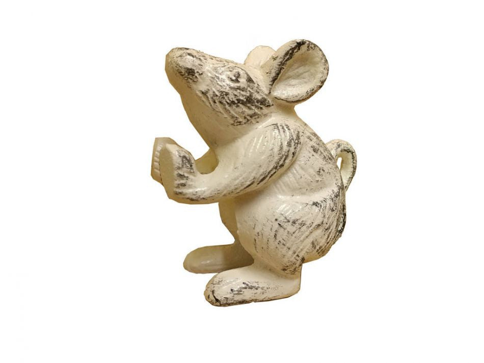 Whitewashed Cast Iron Mouse Door Stopper 5"