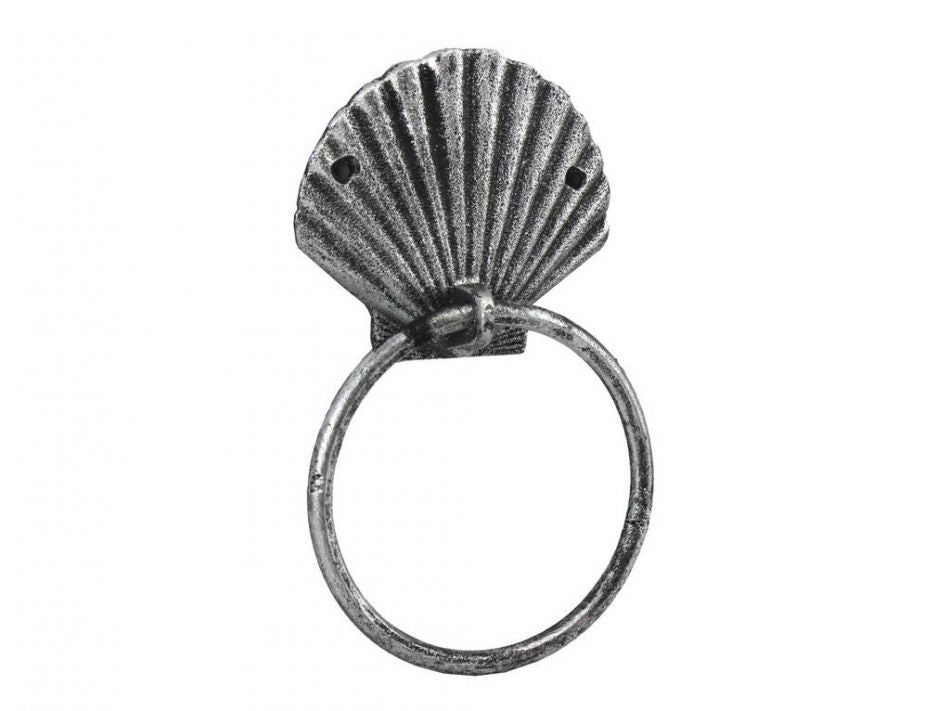 Antique Silver Cast Iron Seashell Towel Holder 8.5"