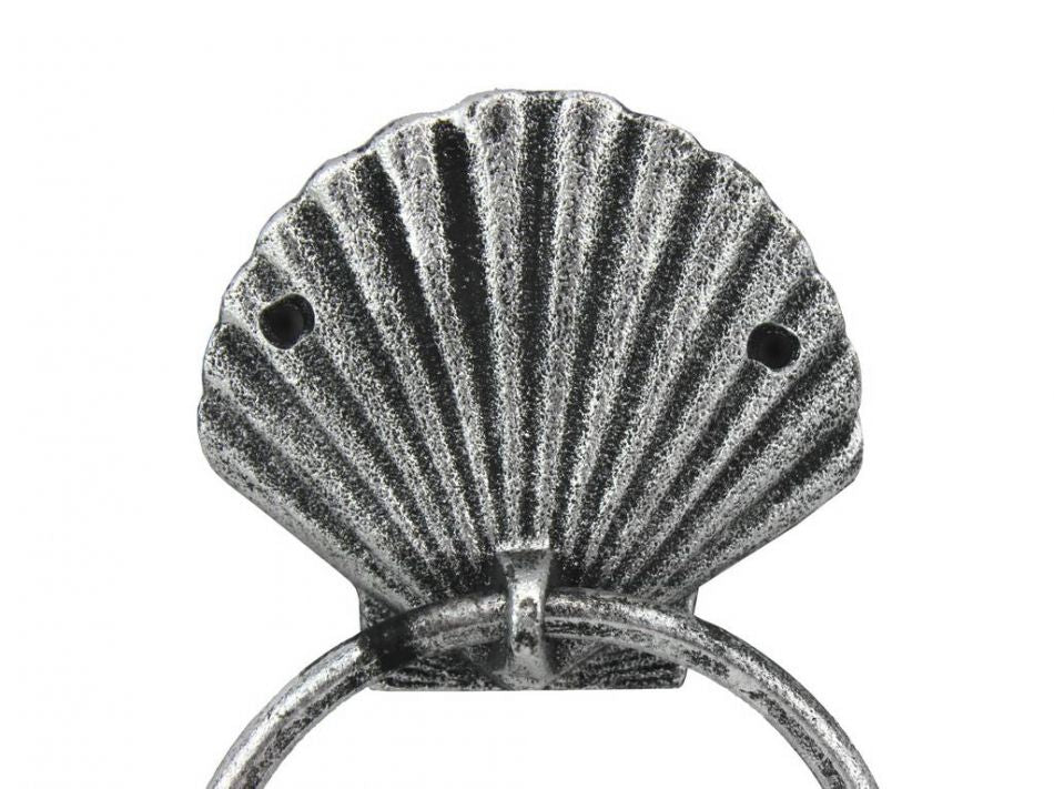 Antique Silver Cast Iron Seashell Towel Holder 8.5"