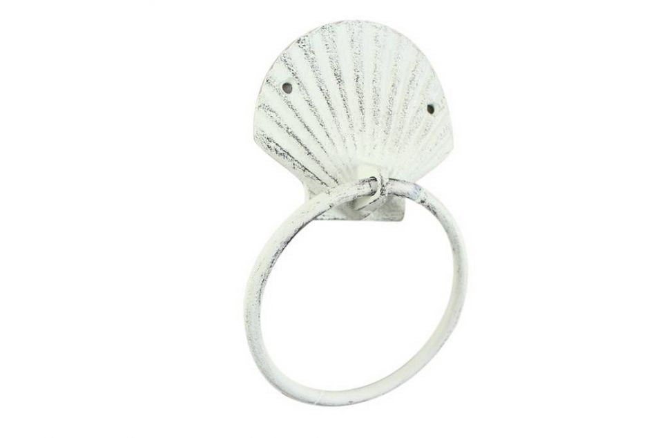 Rustic Whitewashed Cast Iron Seashell Towel Holder 8.5"