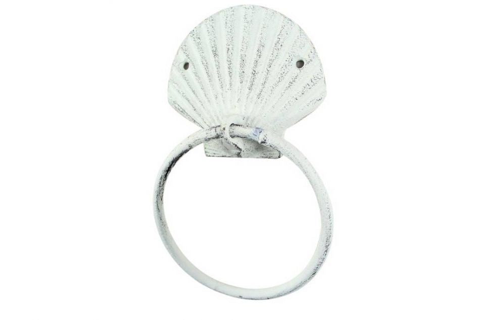Rustic Whitewashed Cast Iron Seashell Towel Holder 8.5"