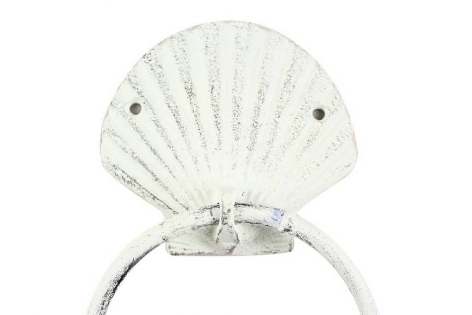 Rustic Whitewashed Cast Iron Seashell Towel Holder 8.5"
