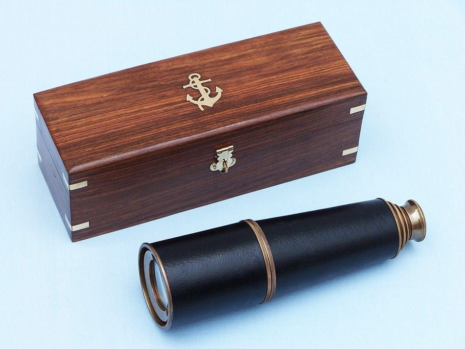 Deluxe Class Admiral's Antique Copper Leather Spyglass Telescope 27" with Rosewood Box