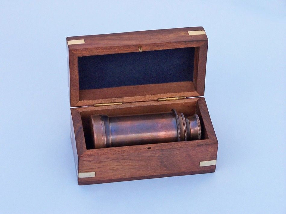Deluxe Class Scout's Antique Copper Spyglass Telescope 7" with Rosewood Box