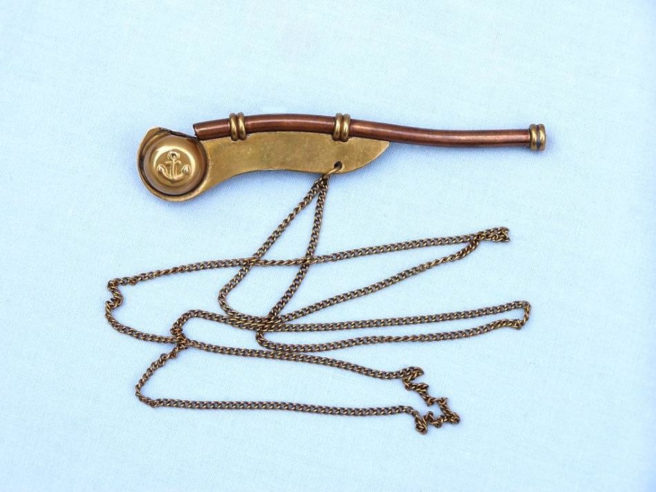 Antique Brass Boatswain (Bosun) Whistle 5" w/ Rosewood Box
