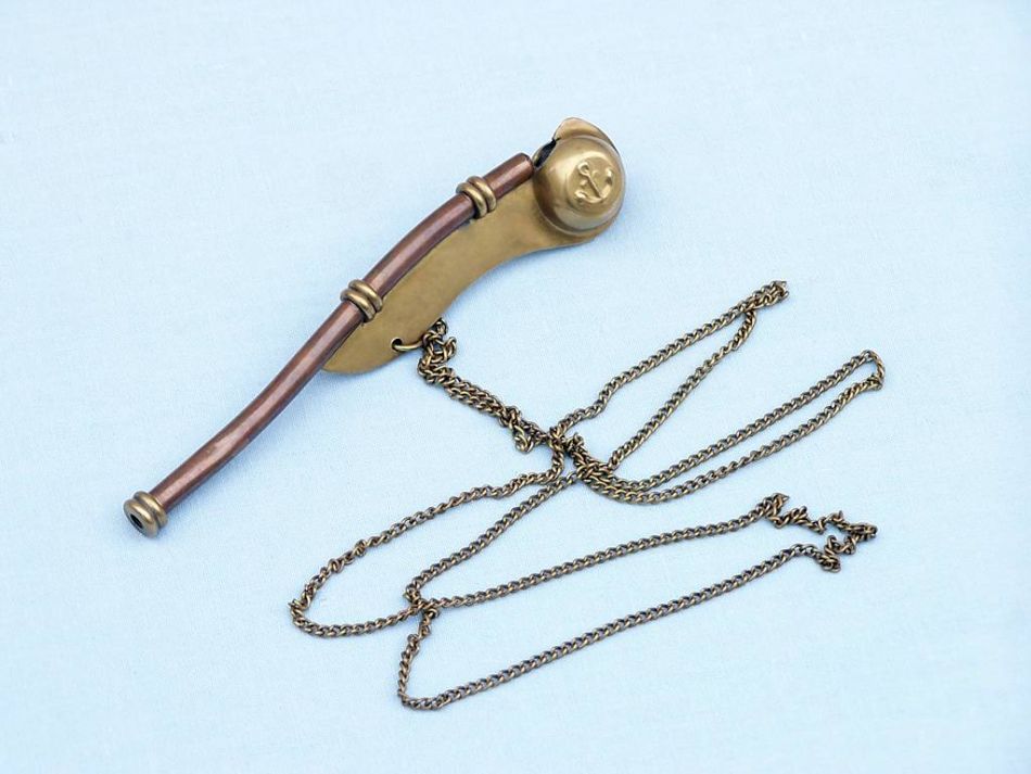 Antique Brass Boatswain (Bosun) Whistle 5" w/ Rosewood Box