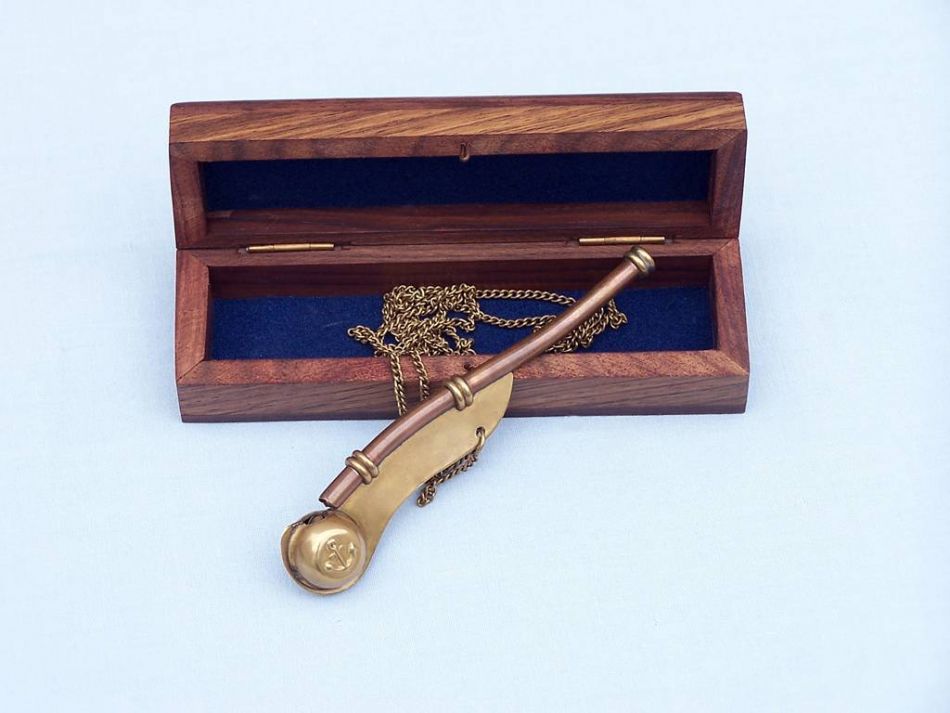 Antique Brass Boatswain (Bosun) Whistle 5" w/ Rosewood Box