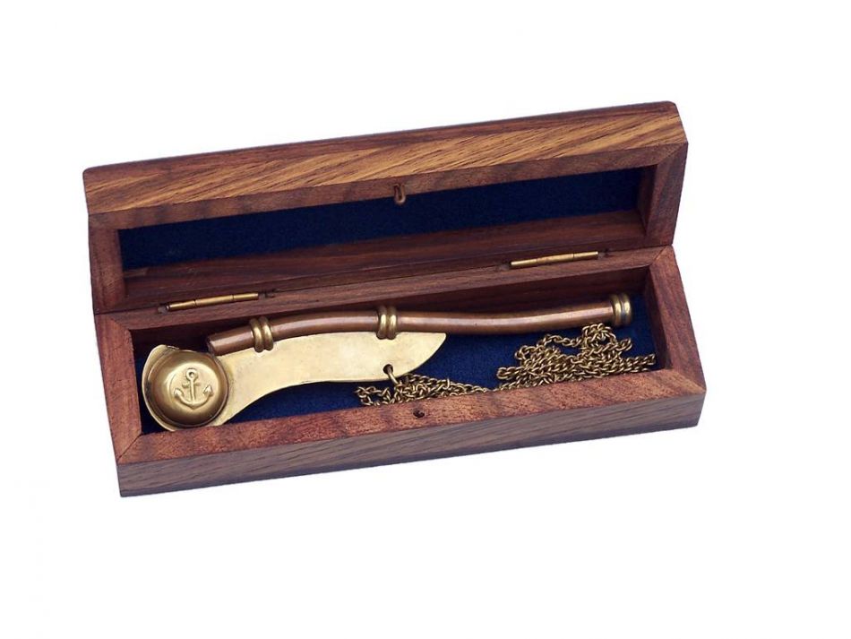 Antique Brass Boatswain (Bosun) Whistle 5" w/ Rosewood Box