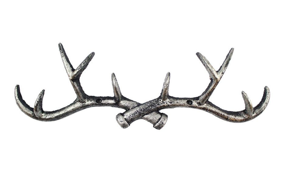 Rustic Silver Cast Iron Antler Wall Hooks 15"