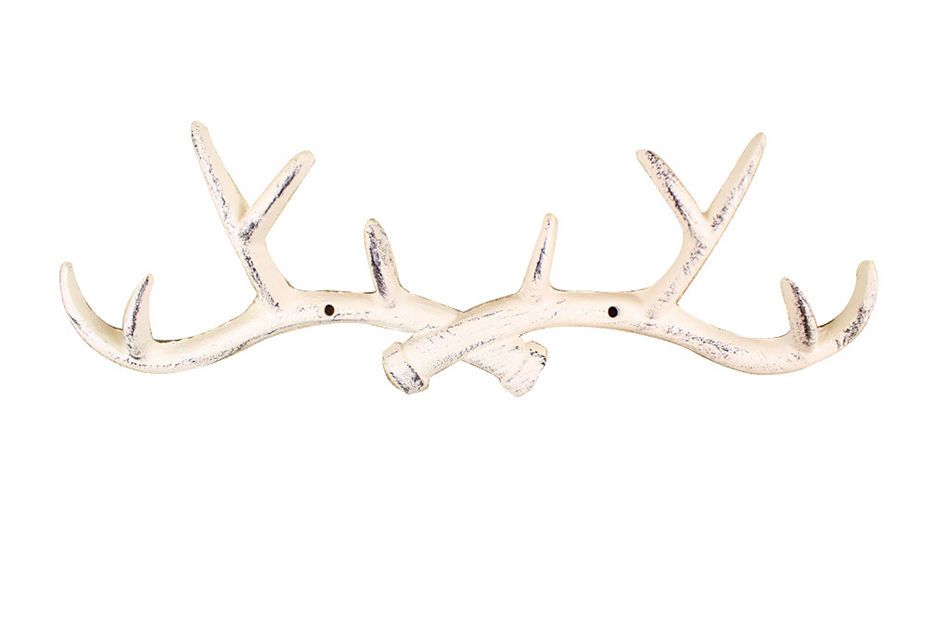 Whitewashed Cast Iron Antler Wall Hooks 15"