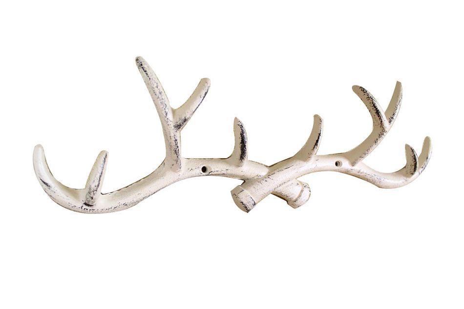 Whitewashed Cast Iron Antler Wall Hooks 15"