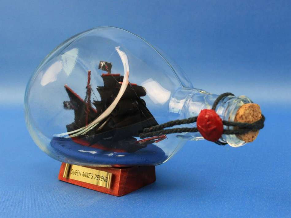 Wooden Blackbeard's Queen Anne's Revenge Pirate Ship in a Glass Bottle 7"