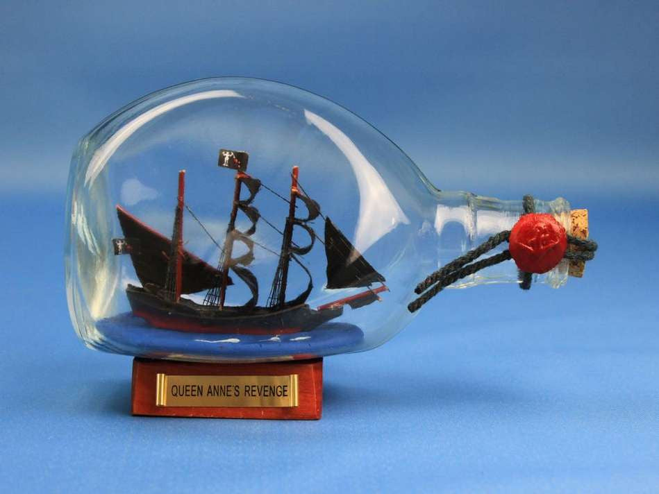 Wooden Blackbeard's Queen Anne's Revenge Pirate Ship in a Glass Bottle 7"