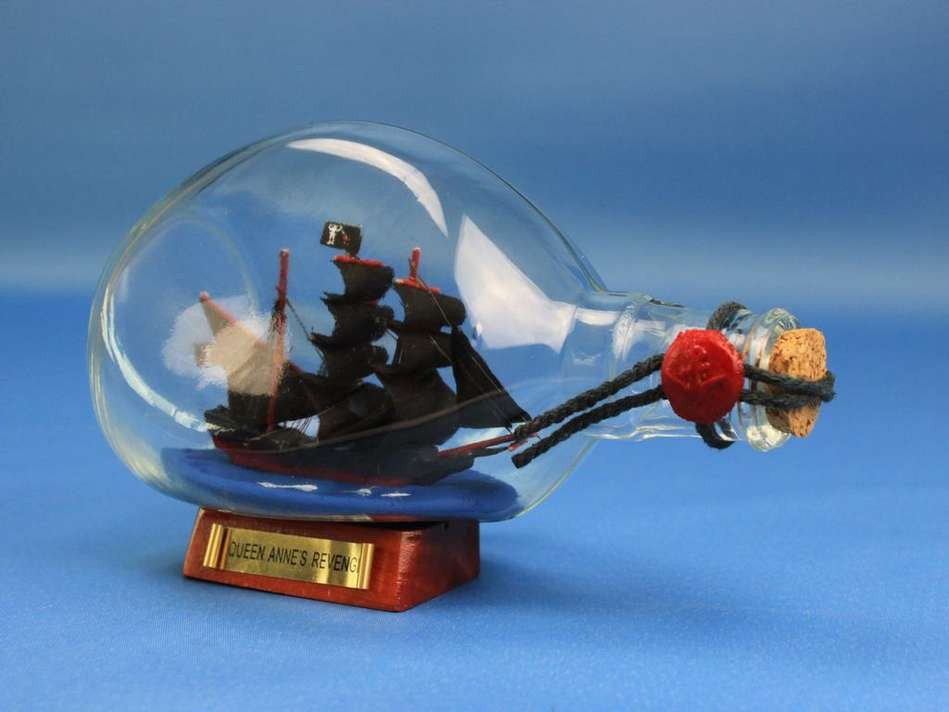 Wooden Blackbeard's Queen Anne's Revenge Pirate Ship in a Glass Bottle 7"