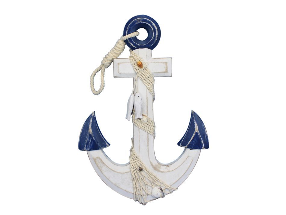 Wooden Rustic Blue/White Anchor w/ Hook Rope and Shells 13"