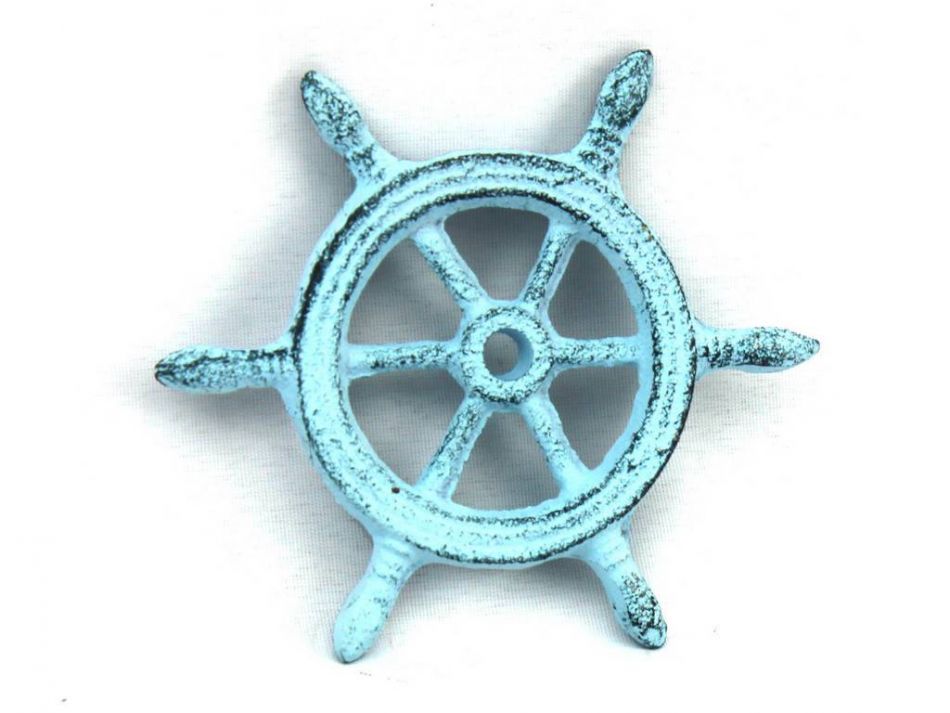 Dark Blue Whitewashed Cast Iron Ship Wheel Decorative Paperweight 4"