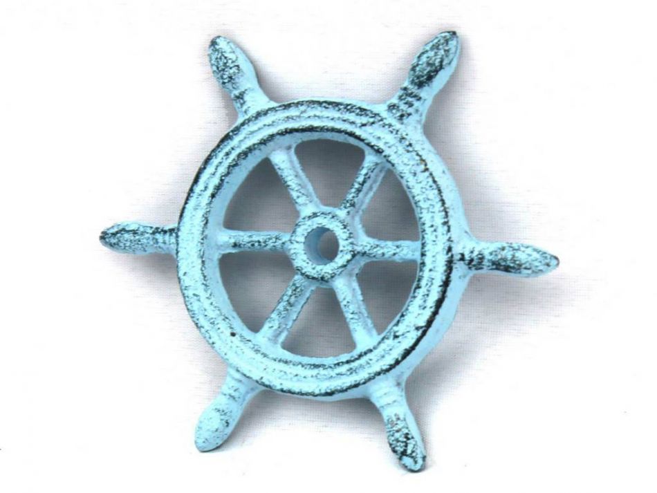 Dark Blue Whitewashed Cast Iron Ship Wheel Decorative Paperweight 4"