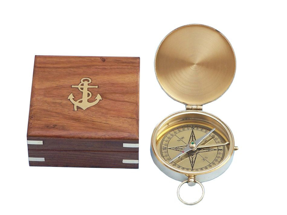 Solid Brass Gentlemen's Compass w/ Rosewood Box 4"