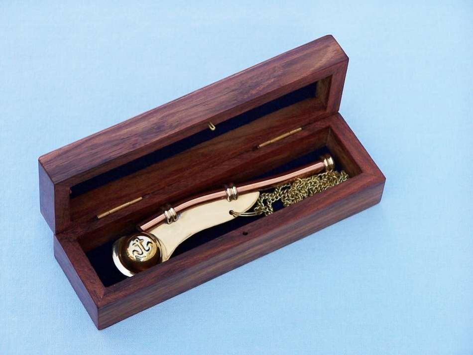 Solid Brass/Copper Boatswain (Bosun) Whistle w Rosewood Box 5"
