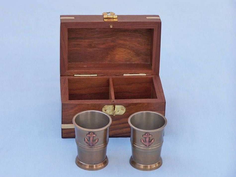 Antique Brass Anchor Shot Glasses With Rosewood Box 4" - Set of 2