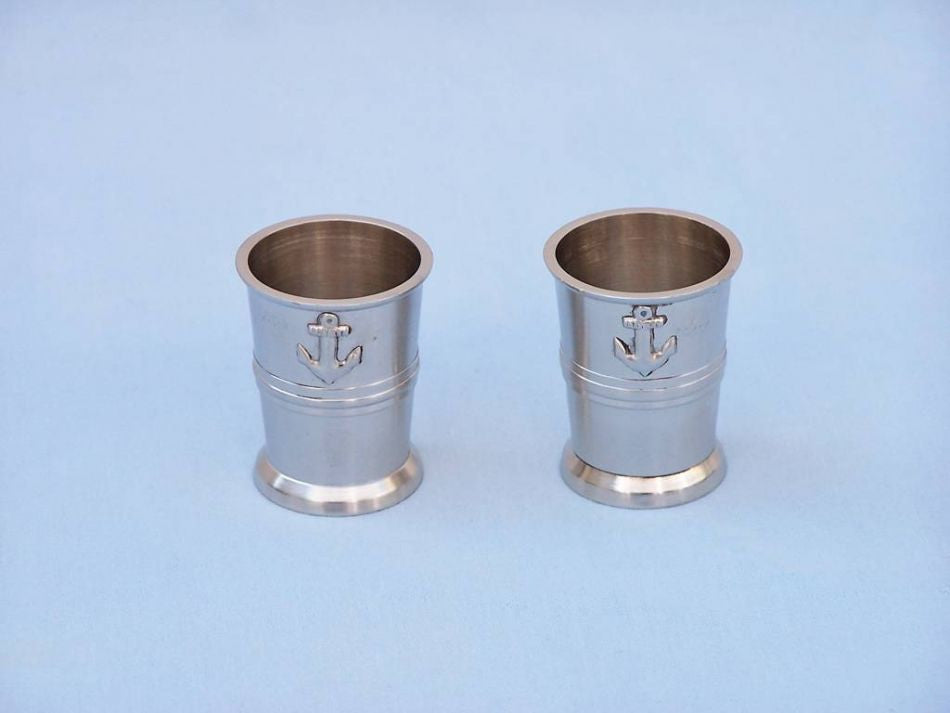 Brushed Nickel Anchor Shot Glasses With Rosewood Box 4" - Set of 2
