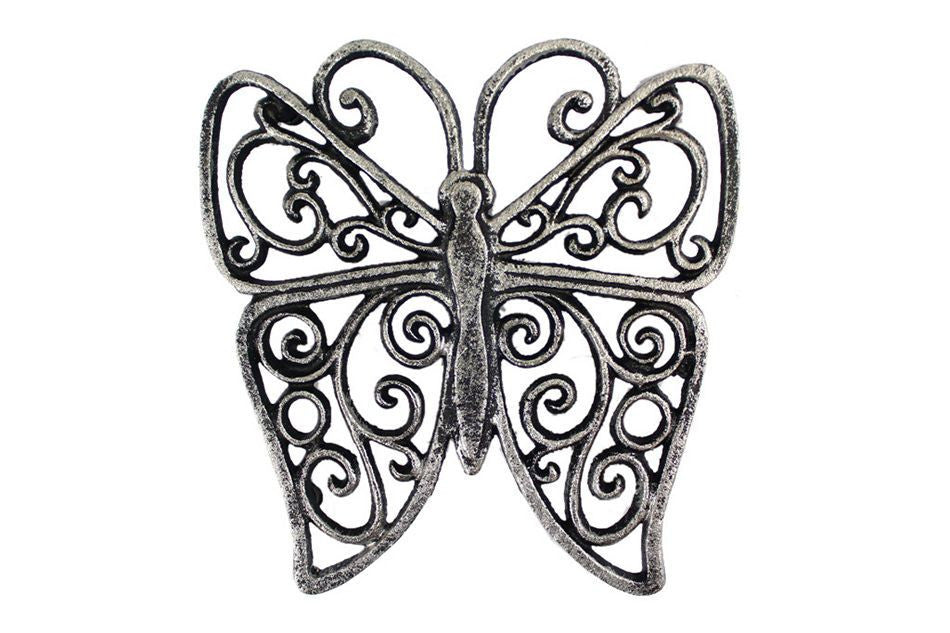 Rustic Silver Cast Iron Butterfly Trivet 8"