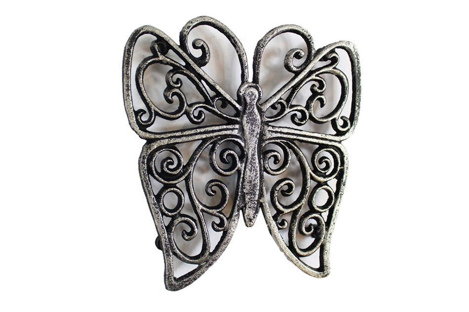 Rustic Silver Cast Iron Butterfly Trivet 8"