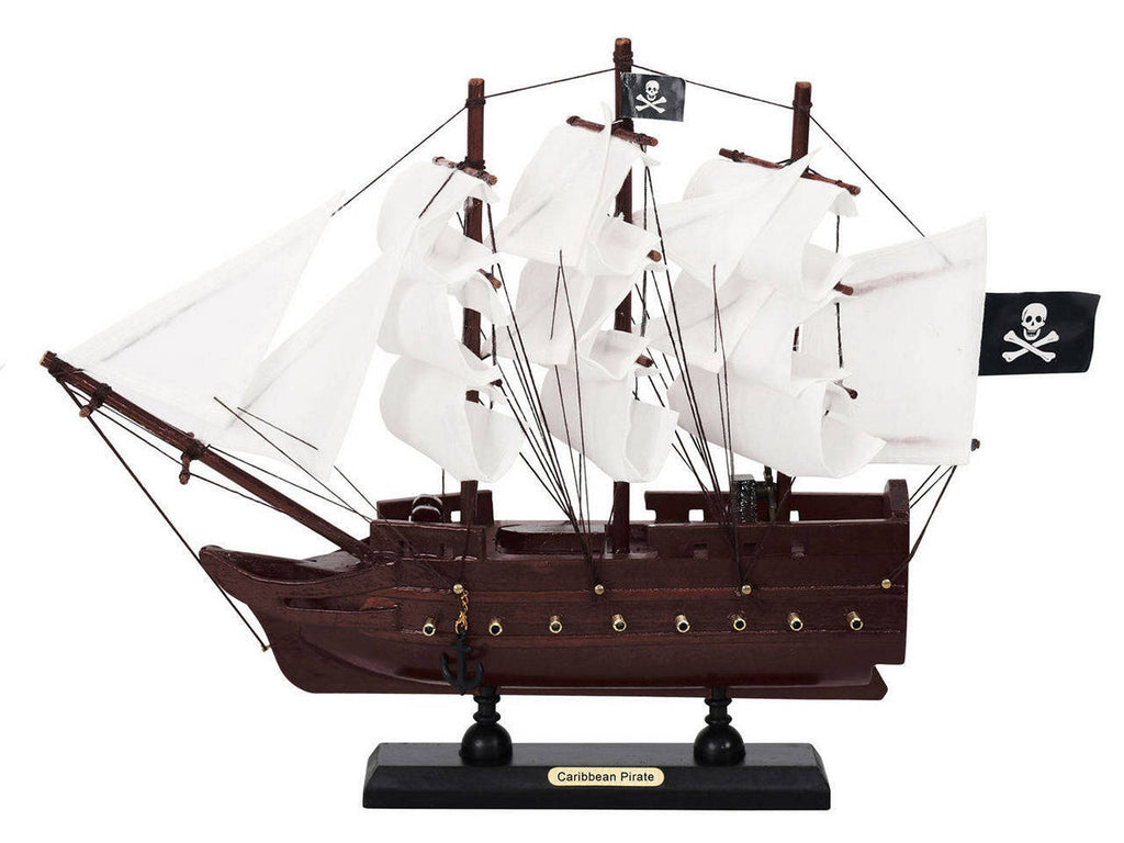 Wooden Caribbean Pirate White Sails Model Pirate Ship 12"