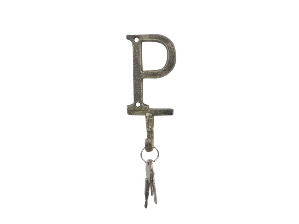 Rustic Gold Cast Iron Letter P Alphabet Wall Hook 6"